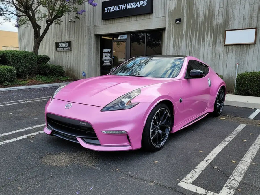 Nissan 370Z wrapped in Gloss HX20000 Jellybean Pink vinyl wrap HX20RDRB