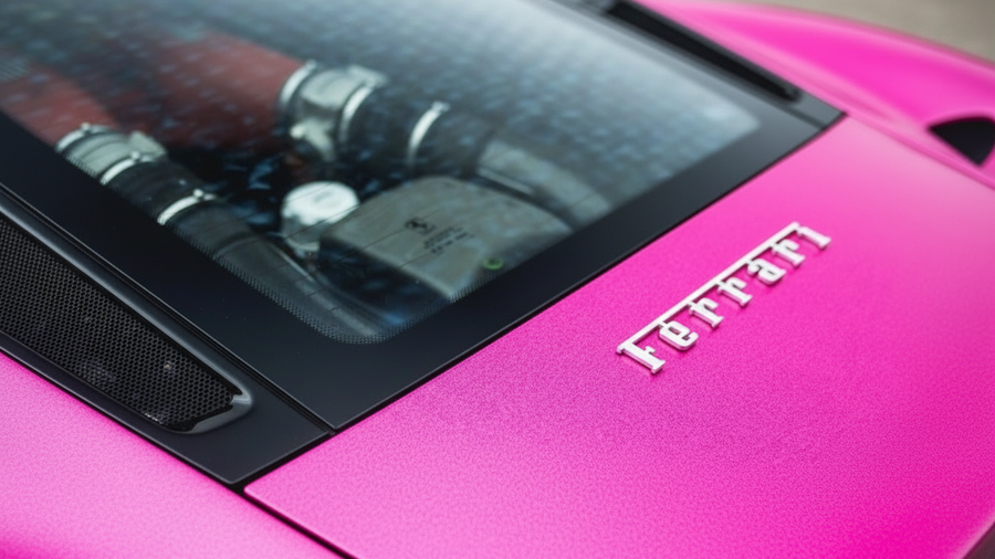 Ferrari wrapped in Hexis Gloss HX20000 Indian Pink wrap film HX20RINB