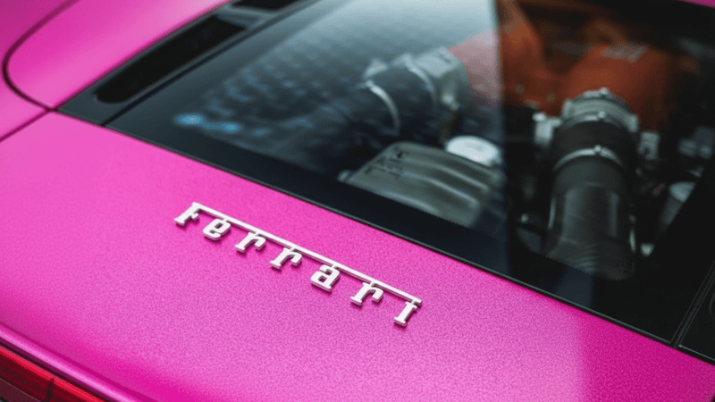 Ferrari wrapped in Hexis Gloss HX20000 Indian Pink wrap film HX20RINB detail