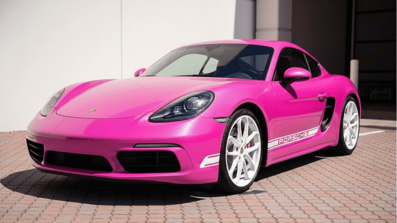 Porsche 718 Cayman wrapped in Hexis Gloss HX20000 Indian Pink restyling film HX20RINB