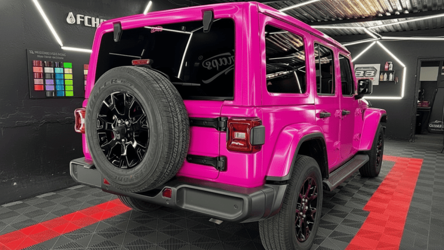Jeep Wrangler wrapped in Gloss HX20000 Indian Pink automotive vinyl film HX20RINB