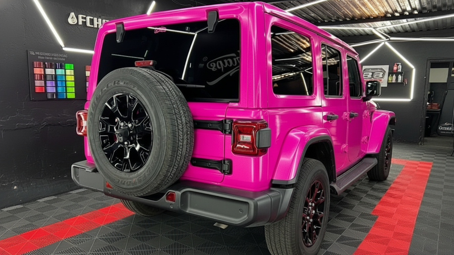Jeep Wrangler wrapped in Gloss HX20000 Indian Pink automotive vinyl film HX20RINB