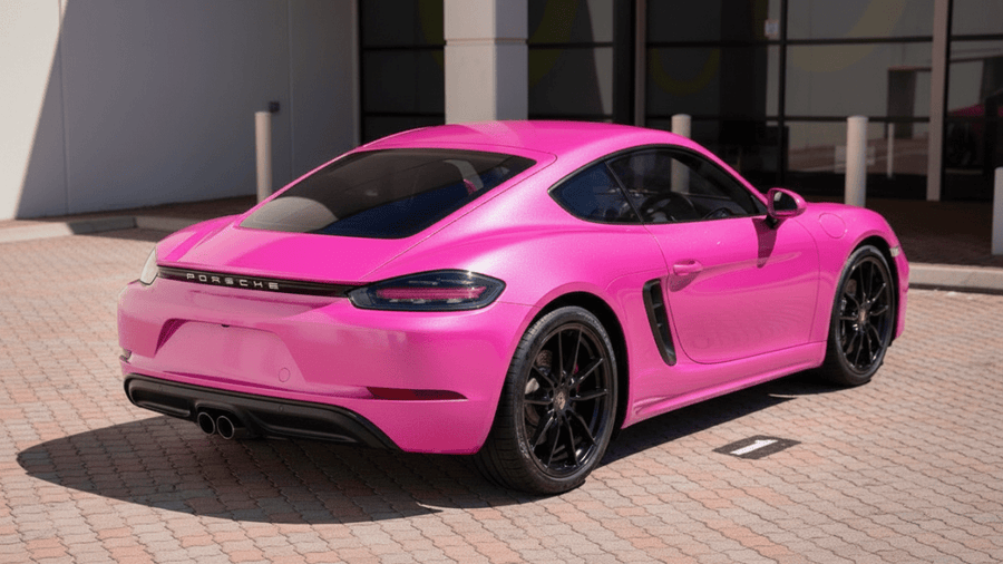 Porsche Cayman wrapped in Hexis Gloss HX20000 Indian Pink automotive vinyl film HX20RINB