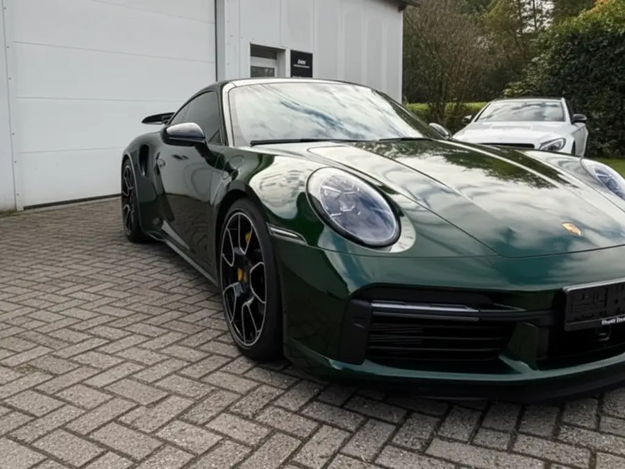 Porsche 911 Turbo S wrapped in Hexis Gloss HX20000 Sherwood Green vinyl wrap HX20V14B