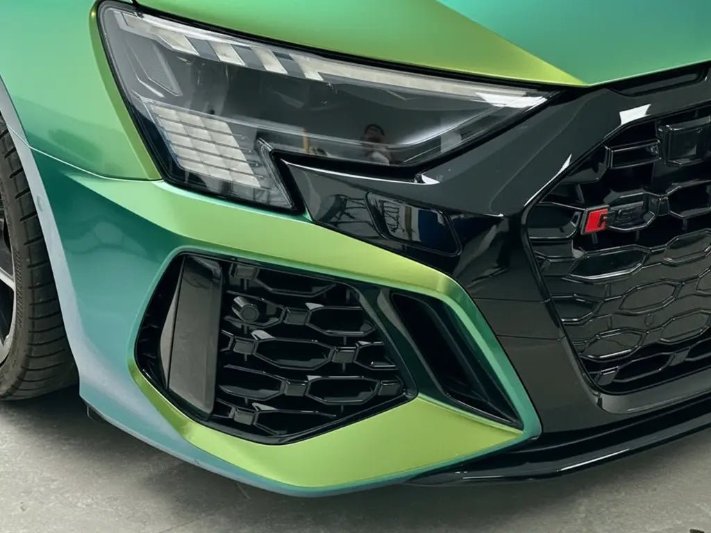 Audi RS3 wrapped in Hexis Gloss HX20000 Metallic Century Green restyling film HX20V19B