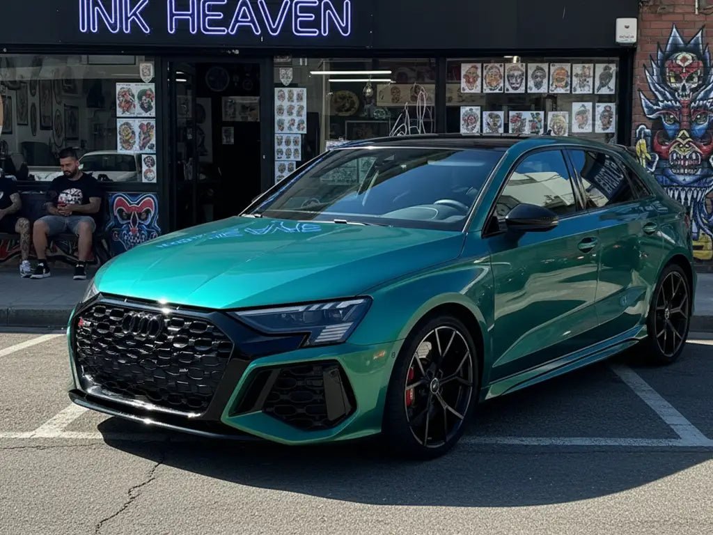 Audi RS3 wrapped in Gloss HX20000 Metallic Century Green wrap film HX20V19B