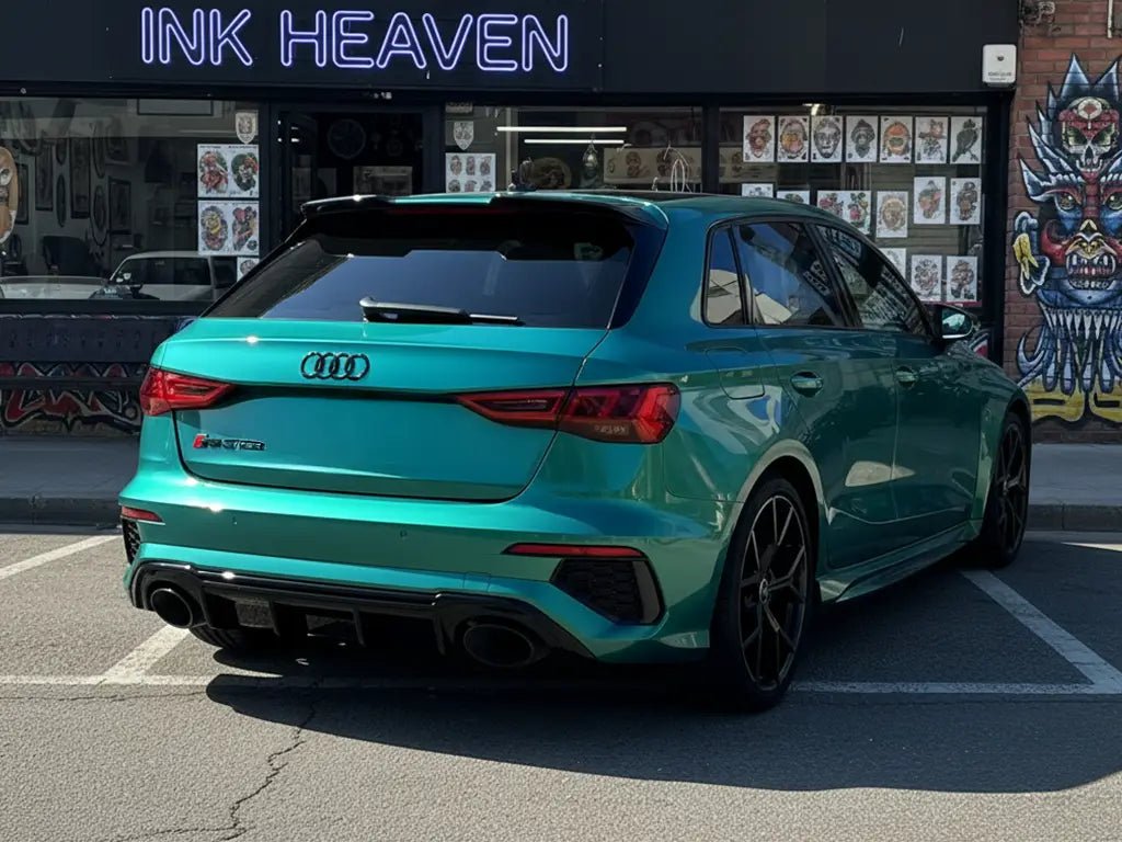 Audi RS4 Avant wrapped in Hexis Gloss HX20000 Metallic Century Green automotive vinyl film HX20V19B