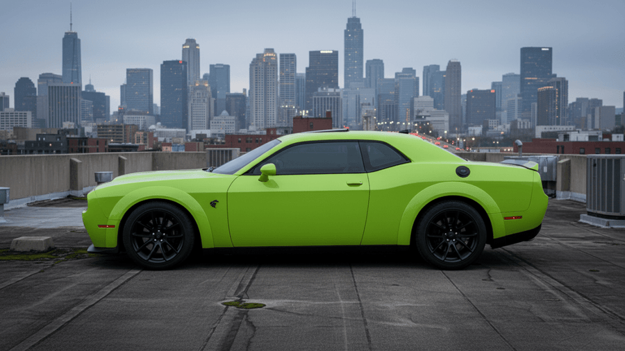 DIY Dodge Challenger wrapped in Gloss HX20000 Toxic Green restyling film HX20V24B