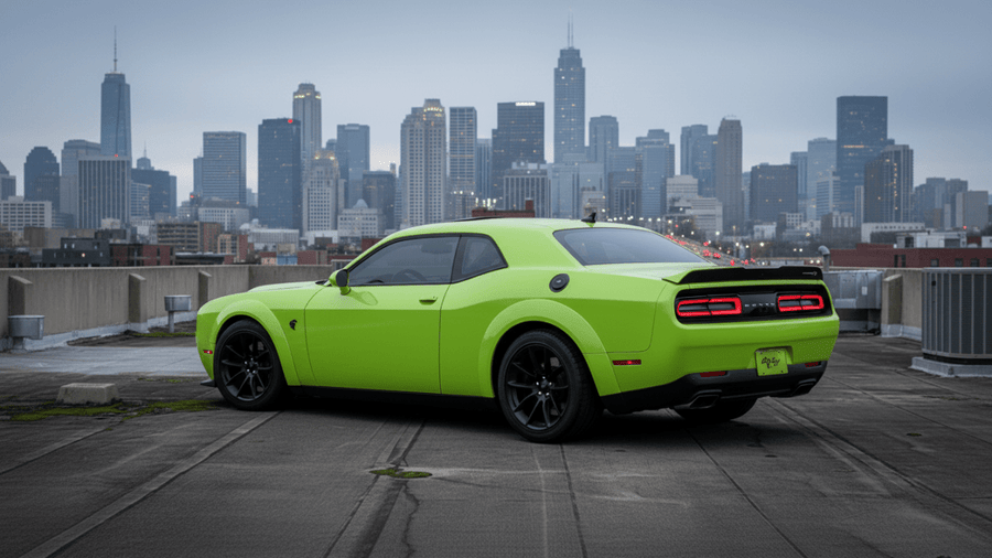 Dodge Challenger wrapped in Gloss HX20000 Toxic Green wrap film HX20V24B