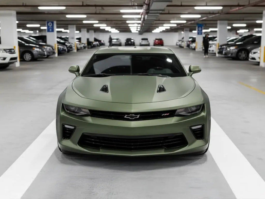 Chevrolet Camaro wrapped in Satin HX20000 Hercules Green restyling film HX20V28S