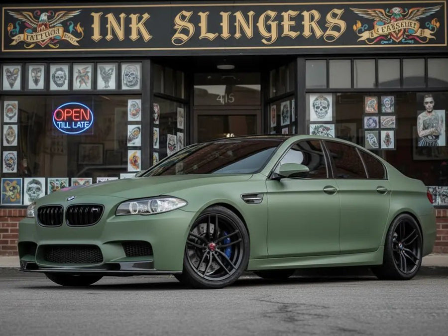 BMW M5 wrapped in Satin HX20000 Hercules Green automotive vinyl film HX20V28S