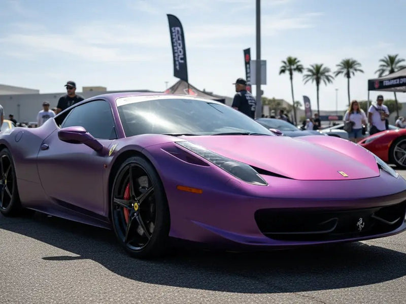 Ferrari 458 Italia wrapped in Hexis Satin HX20000 Deep Purple Wet automotive vinyl film HX20V43W