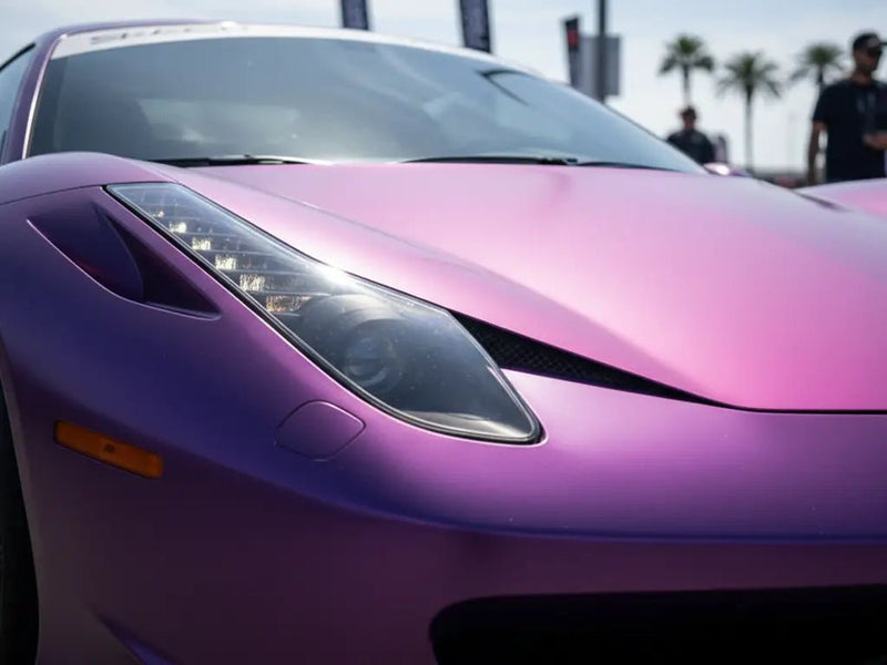 Ferrari 458 wrapped in Hexis Satin HX20000 Deep Purple Wet car wrap film HX20V43W