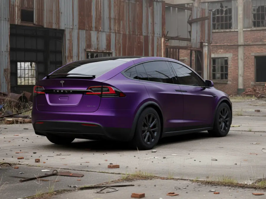 Tesla X wrapped in Hexis Satin HX20000 Deep Purple Wet wrap film HX20V43W