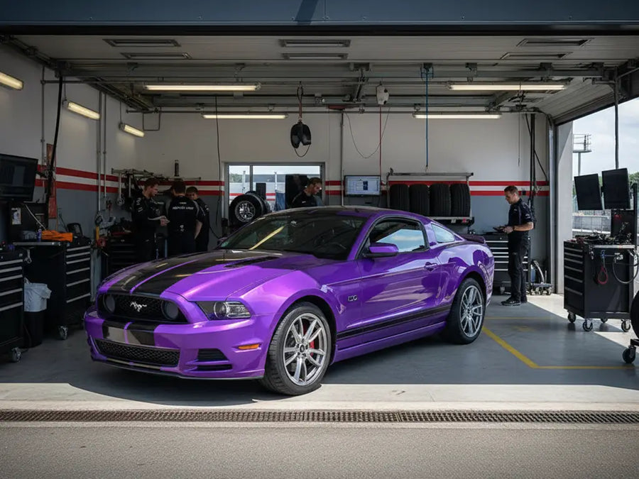 Ford Mustang wrapped in Hexis Gloss HX20000 Goddess Purple automotive vinyl film HX20V44B detail