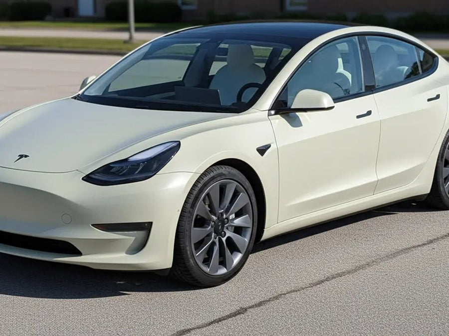 Tesla 3 wrapped in Hexis Matte HX20000 Adventure Green automotive vinyl film HX20VAVM