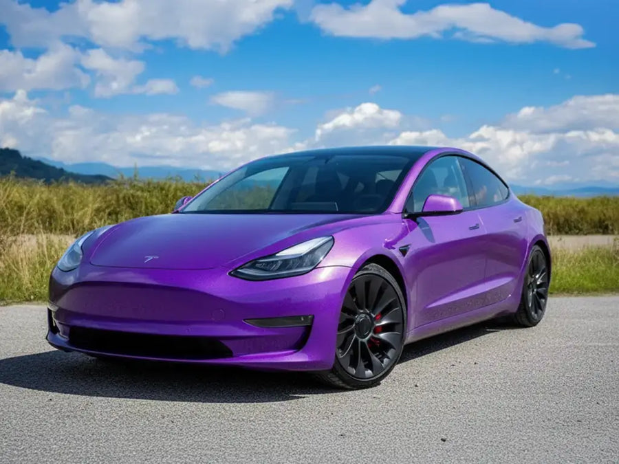 Tesla 3 wrapped in Hexis Gloss HX20000 Byzantine Violet car wrap film HX20VBYB