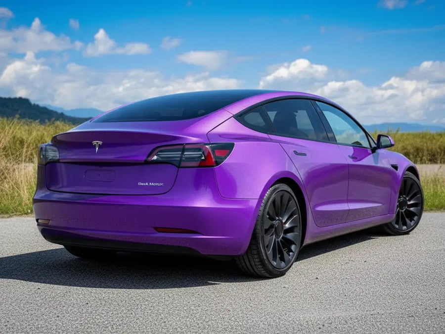 Tesla 3 wrapped in Gloss HX20000 Byzantine Violet automotive vinyl film HX20VBYB