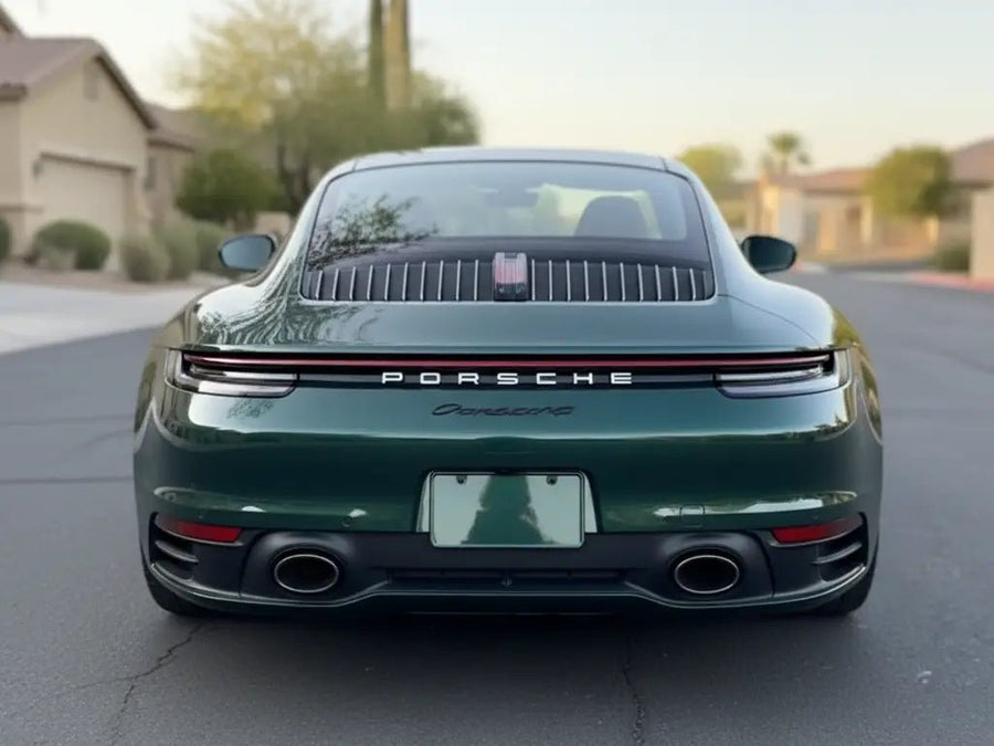 Porsche 911 Carrera wrapped in Hexis Gloss HX20000 Scottish Green car wrap film HX20VECB detail