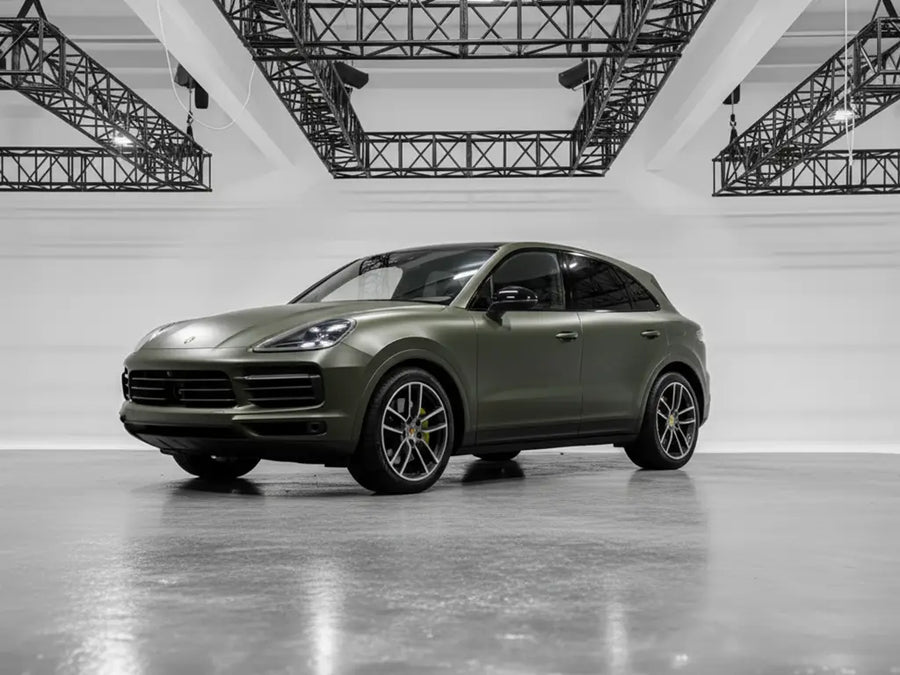 Porsche Cayenne wrapped in Matte HX20000 Military Green car wrap film HX20VMIM