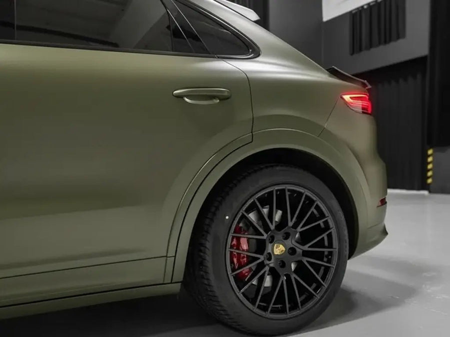 DIY Porsche Cayenne wrapped in Matte HX20000 Military Green automotive vinyl film HX20VMIM