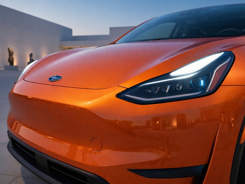 DIY Tesla Y wrapped in SuperGloss HXONE™ Sunrise Orange wrap film HXONE302 detail