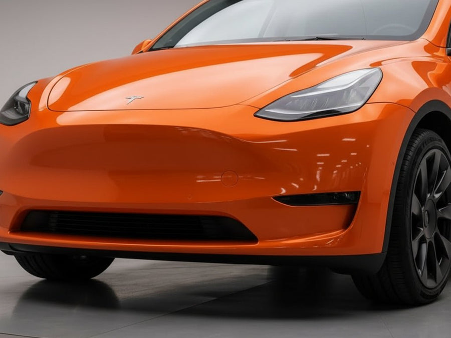 DIY Tesla Y wrapped in Super Gloss HXONE™ Sunrise Orange car wrap film HXONE302