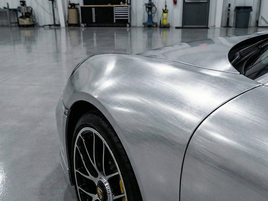 Porsche 918 Spyder wrapped in Brushed HX30000 Silver Aluminum automotive vinyl film HX30BASILB