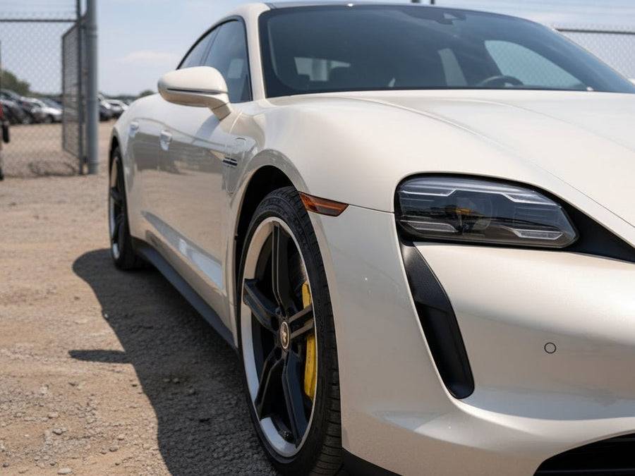 Porsche Taycan wrapped in Hexis Gloss HX30000 Nacre White vinyl wrap HX30BNCB