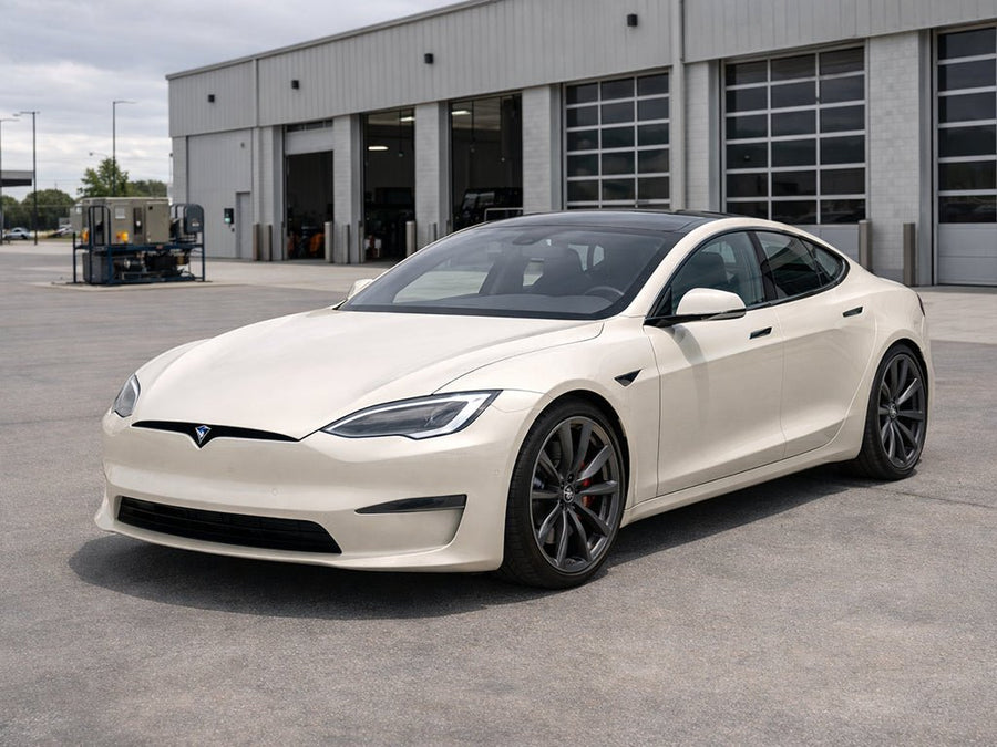 Tesla S wrapped in Gloss HX30000 Nacre White automotive vinyl film HX30BNCB