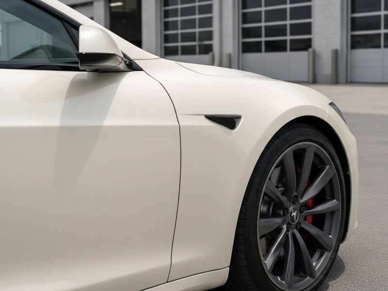 Tesla S wrapped in Hexis Gloss HX30000 Nacre White vinyl wrap HX30BNCB