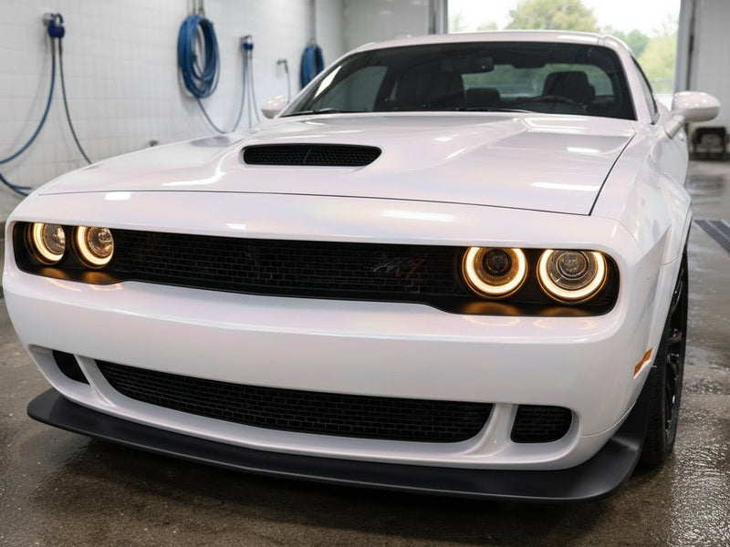 Dodge Challenger wrapped in Gloss HX30000 Pearl White Variochrome wrap film HX30BPEB
