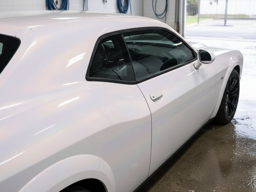 Dodge Challenger wrapped in Hexis Gloss HX30000 Pearl White Variochrome wrap film HX30BPEB detail