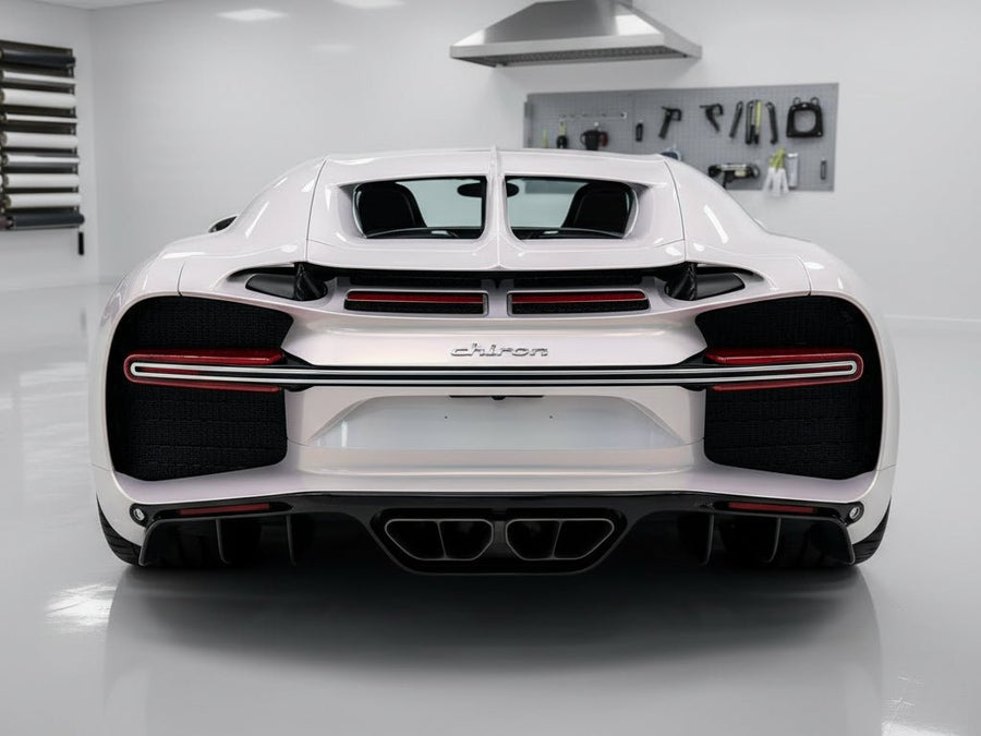 Bugatti Chiron wrapped in Gloss HX30000 Pearl White Variochrome automotive vinyl film HX30BPEB detail