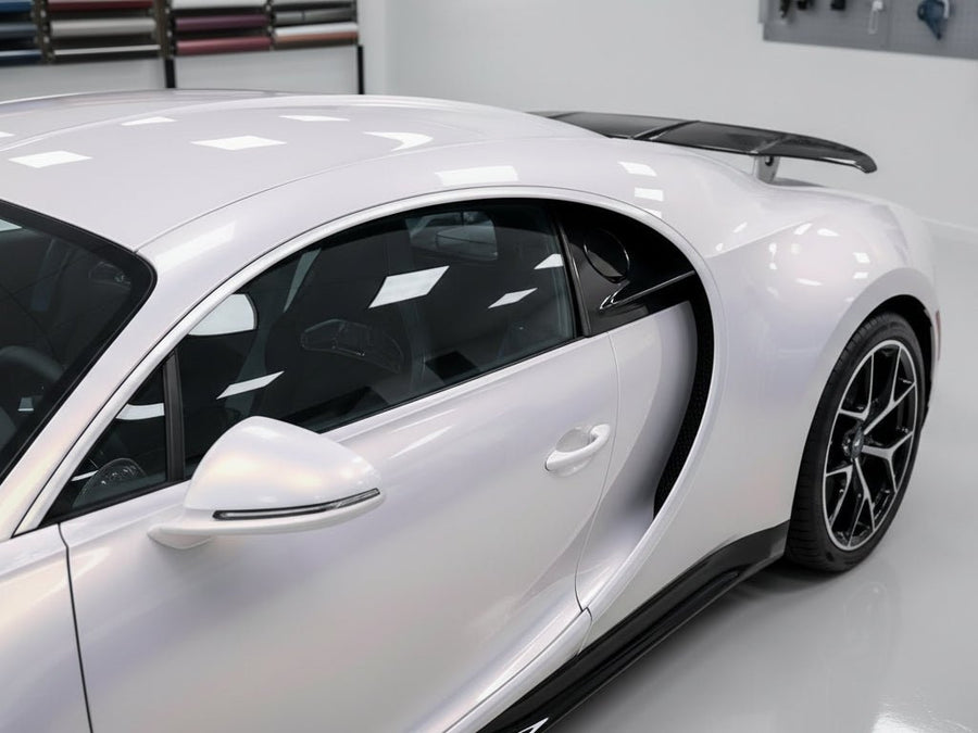 Bugatti Chiron wrapped in Gloss HX30000 Pearl White Variochrome wrap film HX30BPEB