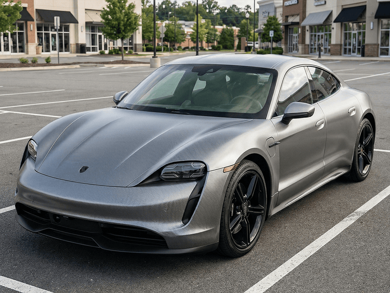 Porsche Taycan wrapped in Gloss HX30000 Graphite Gray Carbon Fiber wrap film HX30CAGGRB