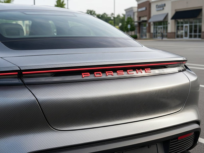 Porsche Taycan wrapped in Gloss HX30000 Graphite Gray Carbon Fiber car wrap film HX30CAGGRB
