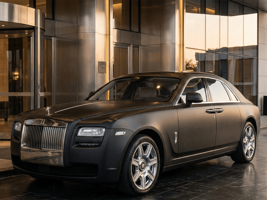 Rolls-Royce Ghost wrapped in Hexis Matte HX30000 Raven Black Carbon Fiber wrap film HX30CANCOB