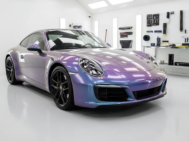Porsche 911 wrapped in Hexis Gloss HX30000 Chameleon Gray automotive vinyl film HX30G446B detail