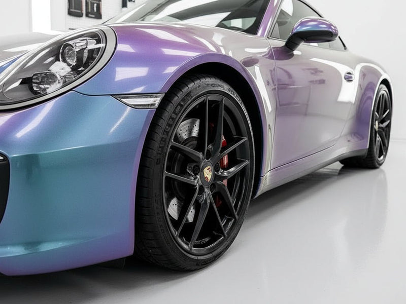 Porsche 911 wrapped in Hexis Gloss HX30000 Chameleon Gray restyling film HX30G446B detail