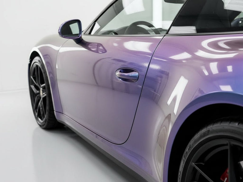 DIY Porsche 911 wrapped in Gloss HX30000 Chameleon Gray automotive vinyl film HX30G446B detail