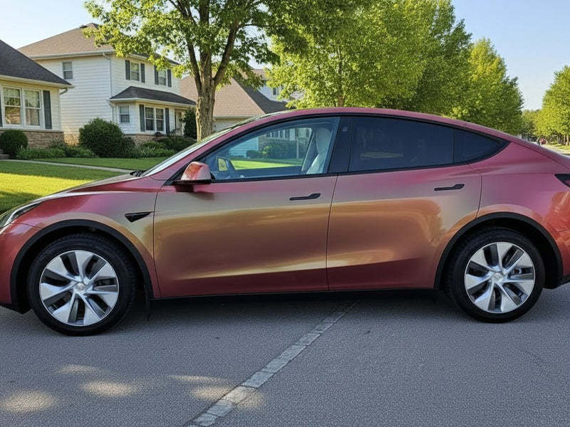 Tesla Y wrapped in Hexis Gloss HX30000 Iridescent Boreal Forest wrap film HX30IFBB detail