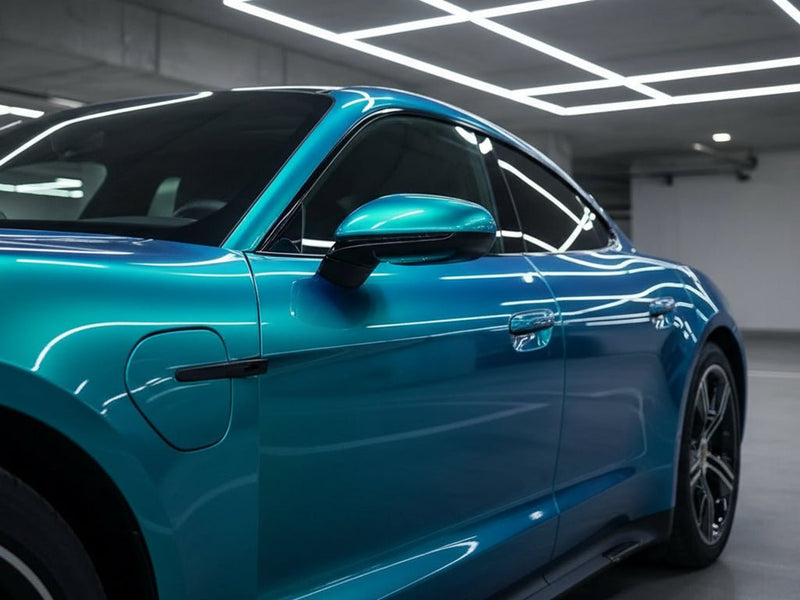 Porsche Taycan wrapped in Hexis Gloss HX30000 Iridescent Austral Sea vinyl wrap HX30IMAB