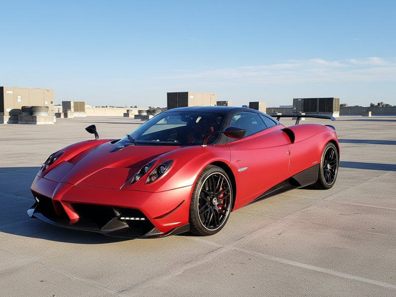 Pagani Huayra wrapped in Hexis Matte HX30000 Redcurrent Red automotive vinyl film HX30RGOM
