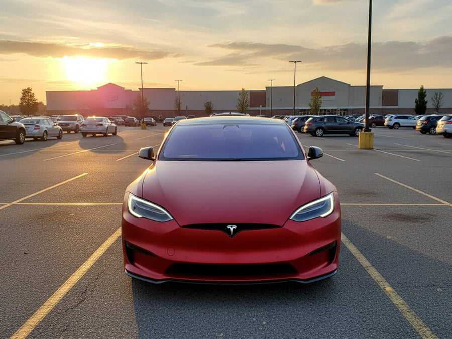 Tesla S wrapped in Hexis Matte HX30000 Redcurrent Red car wrap film HX30RGOM