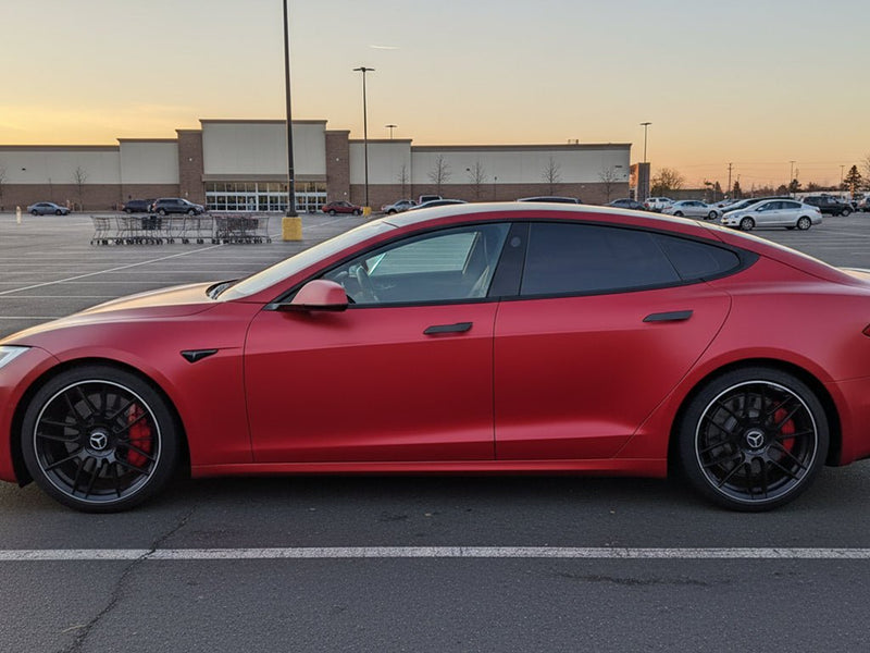 Tesla S wrapped in Matte HX30000 Redcurrent Red vinyl wrap HX30RGOM