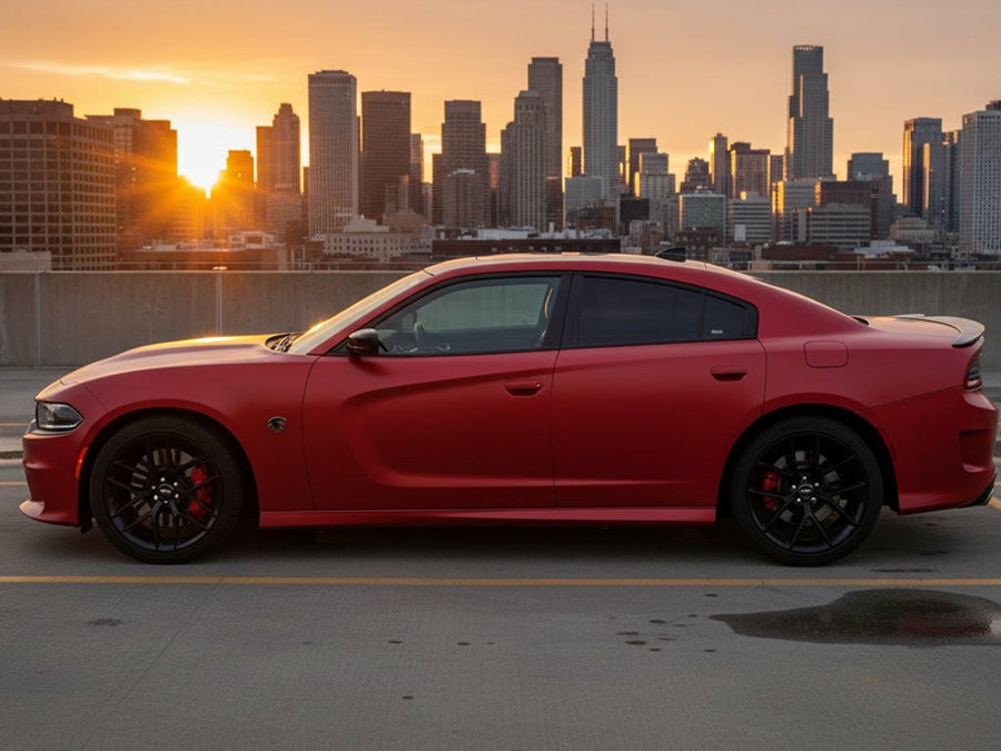 Dodge Charger wrapped in Matte HX30000 Redcurrent Red automotive vinyl film HX30RGOM