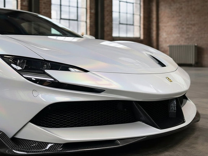 DIY Ferrari F8 Tributo wrapped in Gloss HX30000 White Rainbow restyling film HX30RW002B