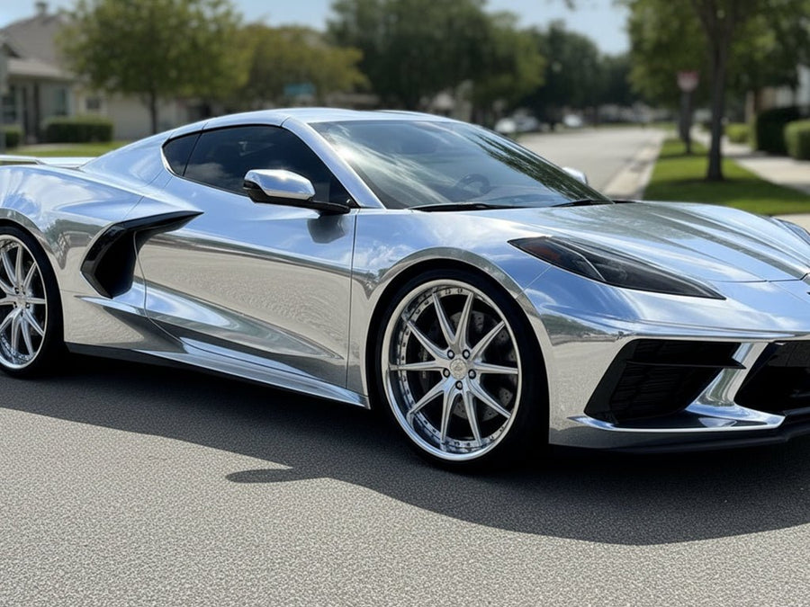 DIY Chevrolet Corvette wrapped in Gloss HX30000 Super Chrome Silver car wrap film HX30SCH01B detail