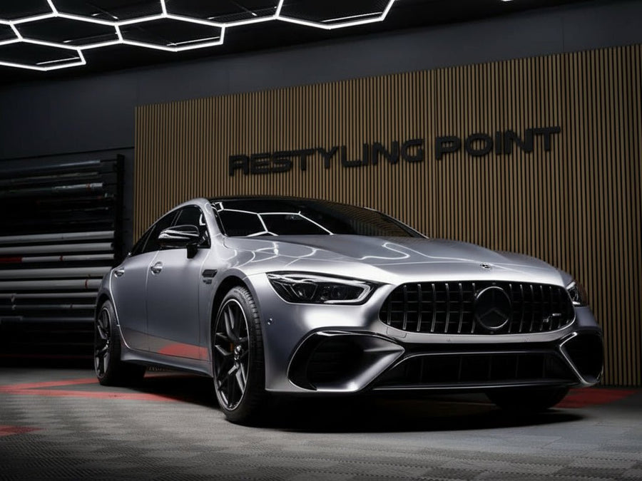 Mercedes-Benz AMG GT 4-Door Coupe wrapped in Satin HX30000 Super Chrome Silver automotive vinyl film HX30SCH01S